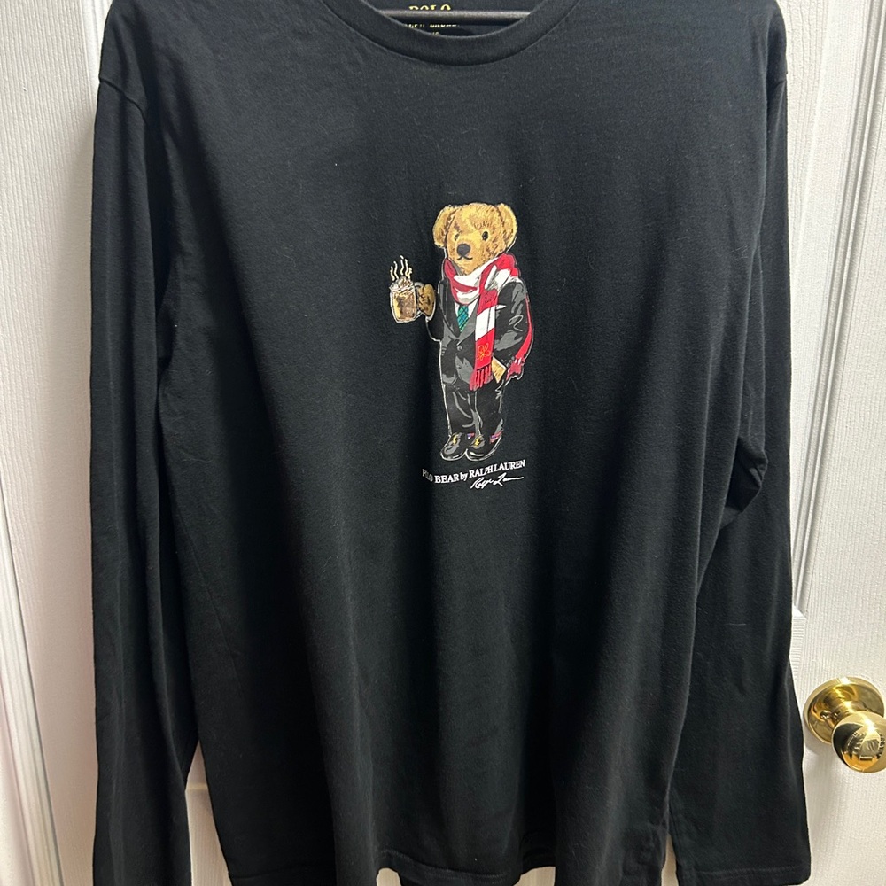Polo Ralph Lauren Black Shirt with Bear Design Long Sleeve - Large